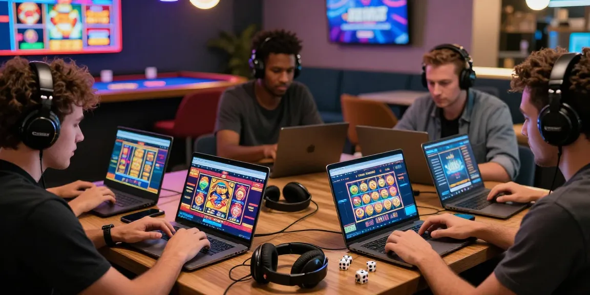 Diverse players exploring new online casino sites in a vibrant lounge filled with gaming excitement.
