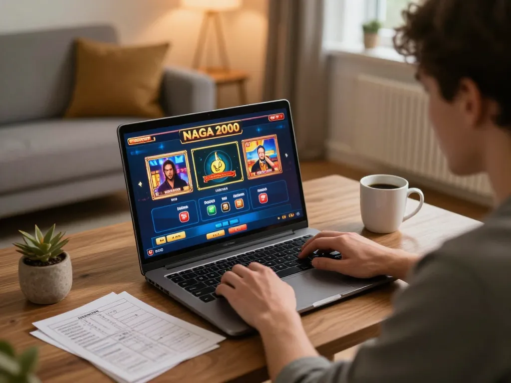 NAGA2000 gaming session on a laptop with cozy atmosphere, showcasing online slot play experience.