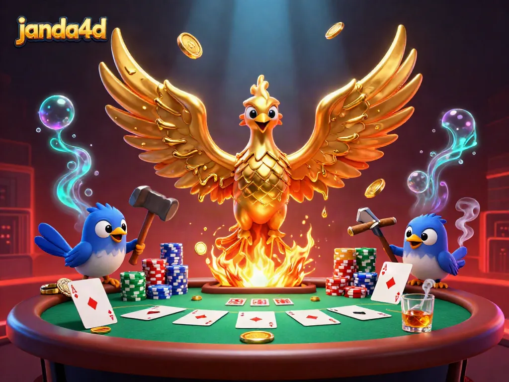 Janda4d menampilkan phoenix emas mengalir dengan koin, dikelilingi elemen judi kartu.
