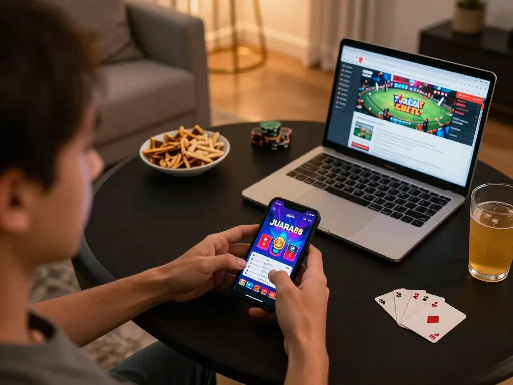 Engaging user experiencing JUARA88 gaming on mobile device, showcasing dynamic online poker atmosphere