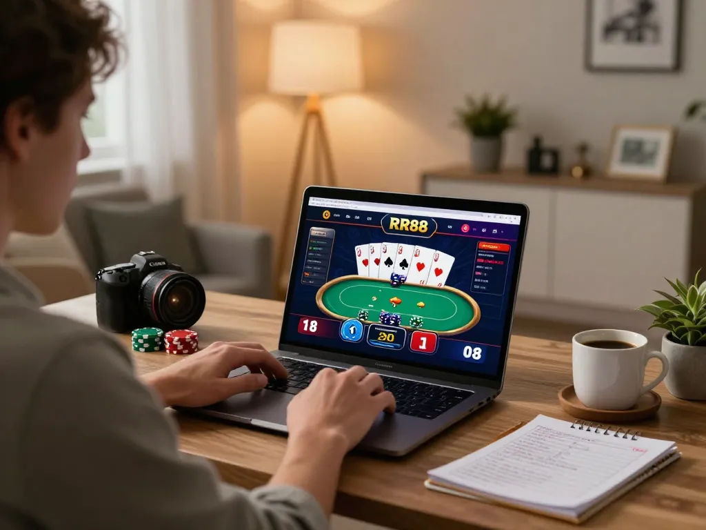 Player engaging with RR88 online casino on laptop, showcasing an interactive poker game in a stylish home office atmosphere.