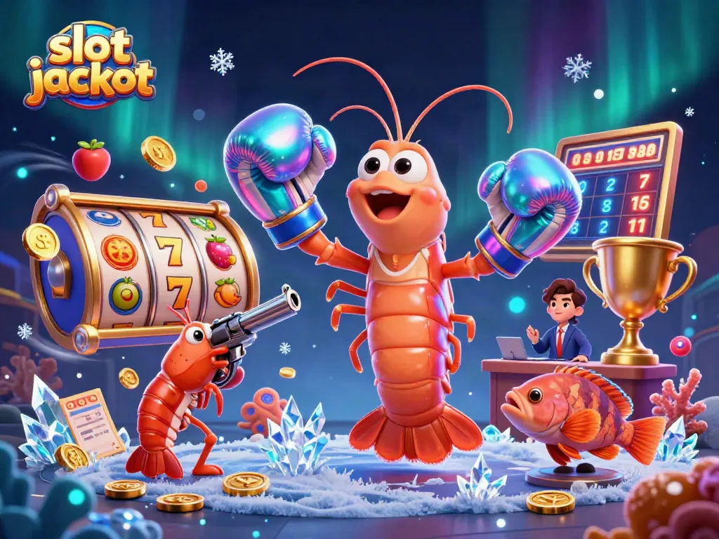 Memenangkan slot jackpot dengan karakter kartun udang mantis dan simbol slot berwarna cerah dalam ilustrasi 3D.