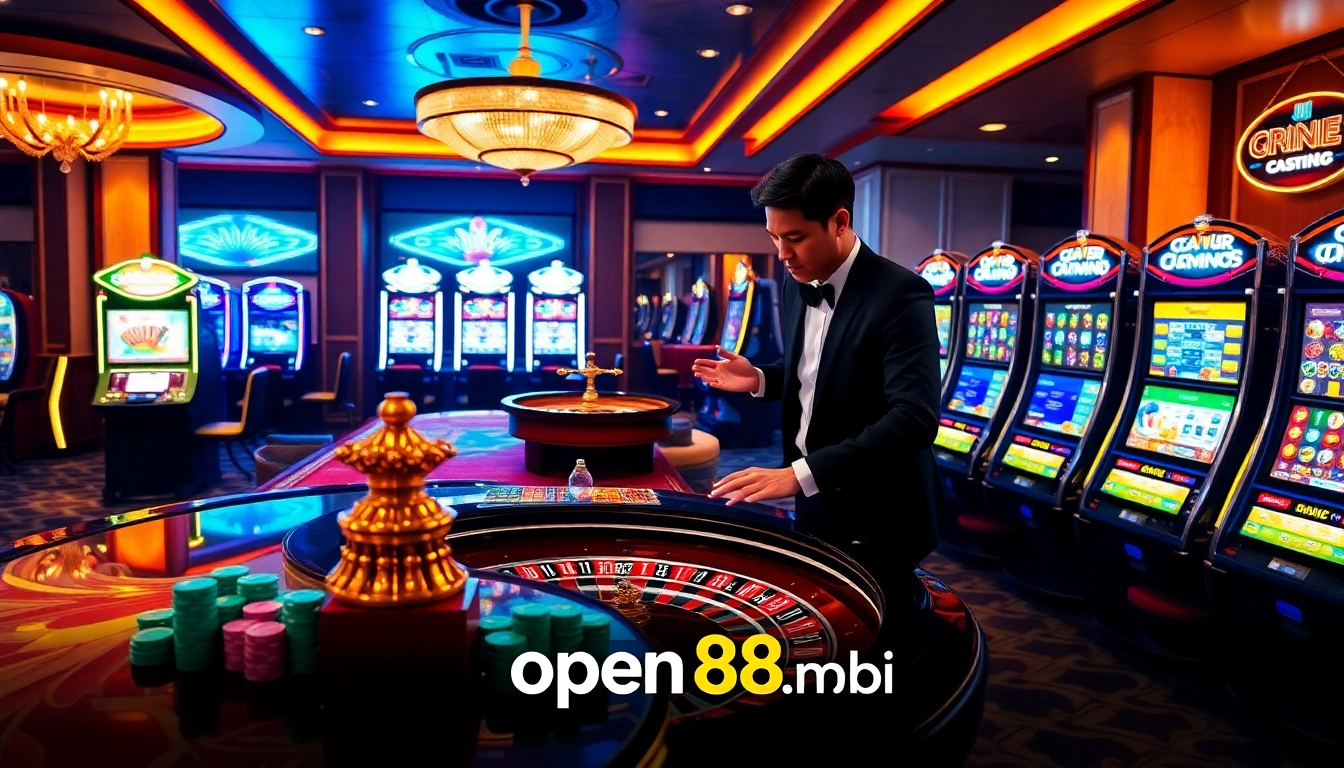 An enticing casino experience featuring open88.mobi's vibrant gaming atmosphere, showcasing poker tables and a roulette wheel.
