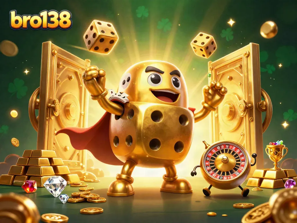 Spin to win with bro138's lucky characters in a vibrant casino-themed illustration.