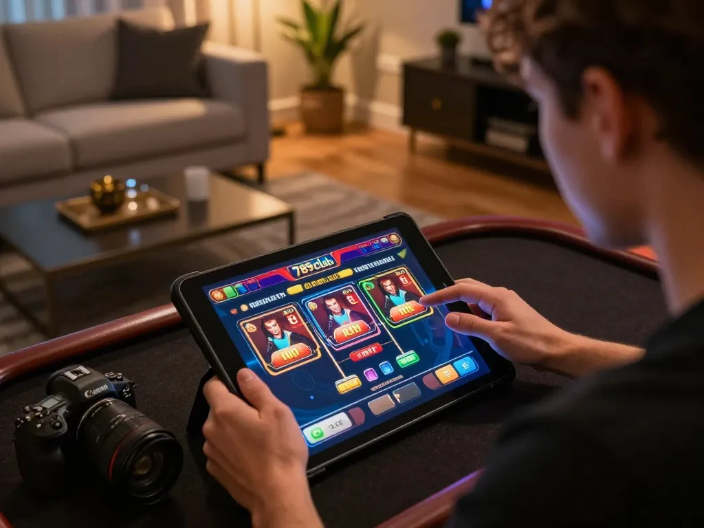 Engaging in online gambling through the 789club platform with vibrant graphics on a tablet.