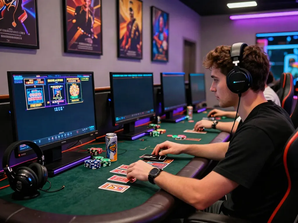 Online gaming setup featuring akunjp with vibrant slot game displays and an engaged player.
