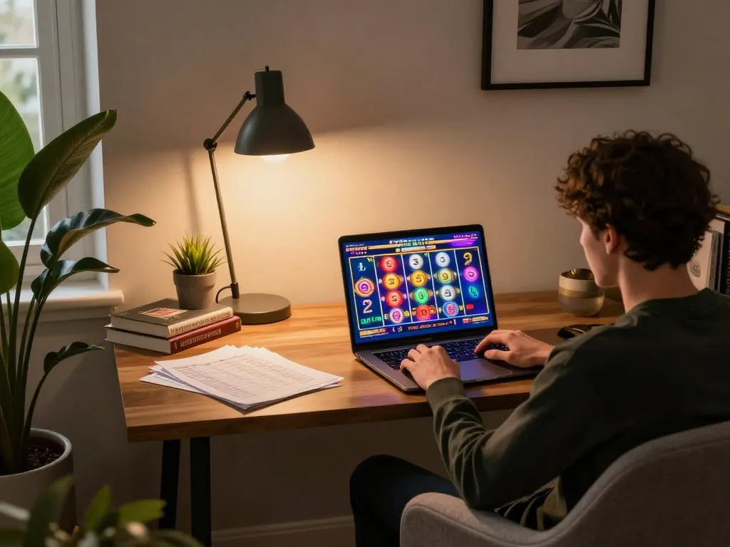 Engaged player at home using God55 casino app on laptop for strategic gameplay.