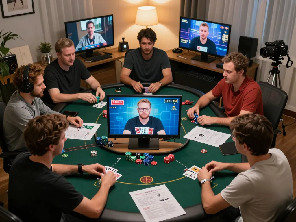 Players strategically engaging in an online poker game with maxpoker88, showcasing vibrant cards and chips.