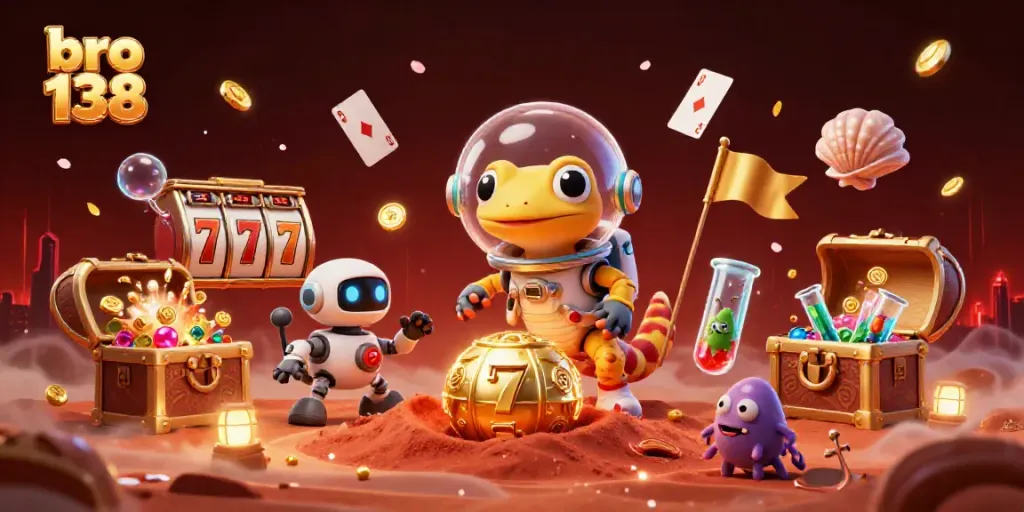Engage in the excitement of bro 138 as a Martian gecko discovers a golden casino amidst vibrant slot games and treasures.