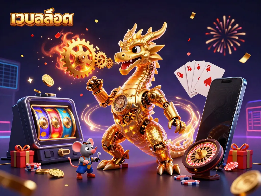 ภาพประกอบ 3D ของเว็บสล็อต แสดงมังกรทองที่มีส่วนผสมของกลไก พร้อมสมาร์ทโฟนในบรรยากาศคาสิโน