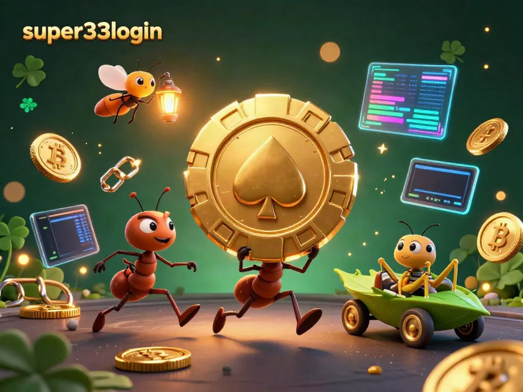 Experience the thrill of super33login with a vibrant heist scene featuring ants, poker chips, and crypto coins.