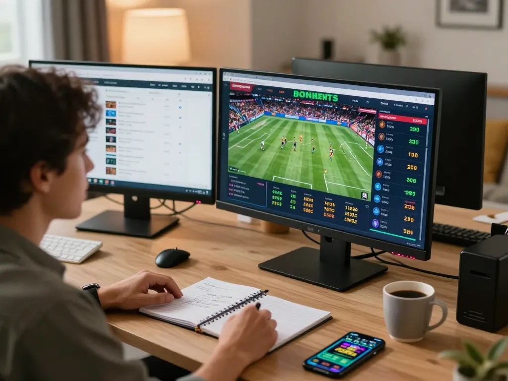 Engaged user analyzing sports bets on multiple screens, exploring Qh99 with a focused strategy.