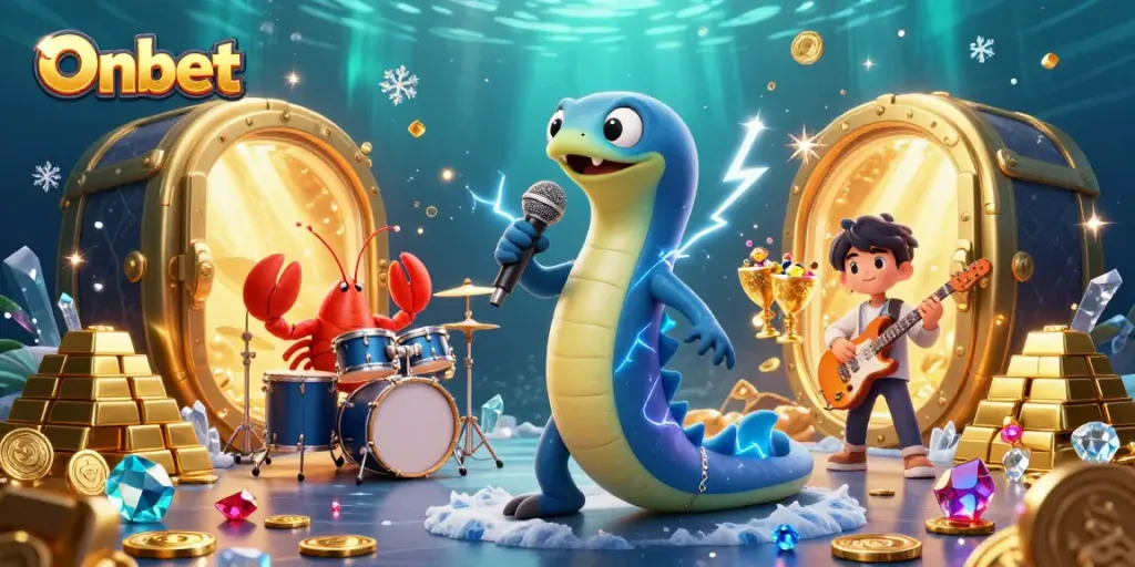 Onbet's underwater casino featuring an electric eel DJ, dynamic musical performance with treasure and gems.