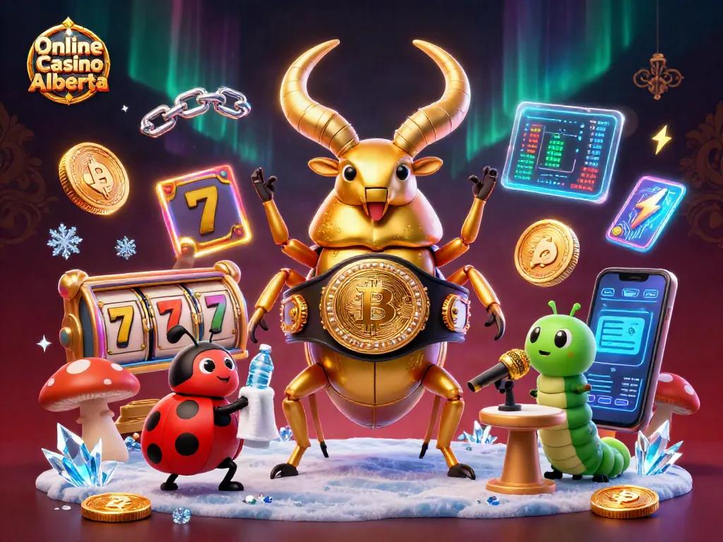 Experience the thrill of the Online Casino Alberta with dynamic gaming visuals, slot reels, and cryptocurrency elements.