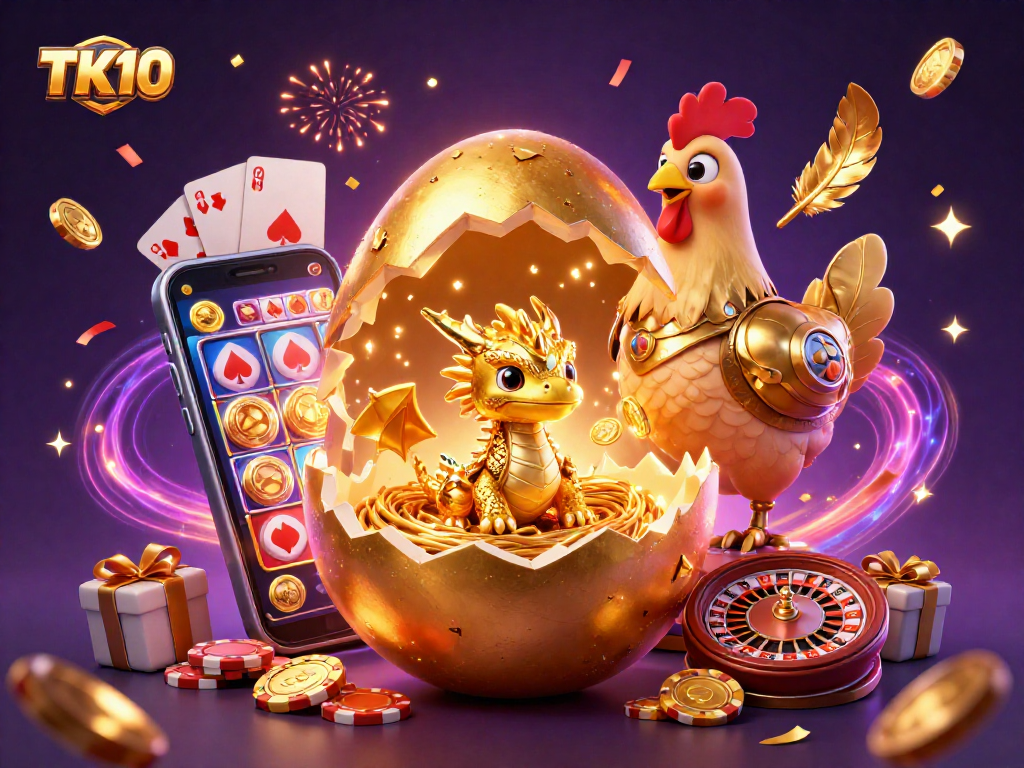 Experience thrilling gaming moments with TK10: a 3D golden dragon and slot game explosion.
