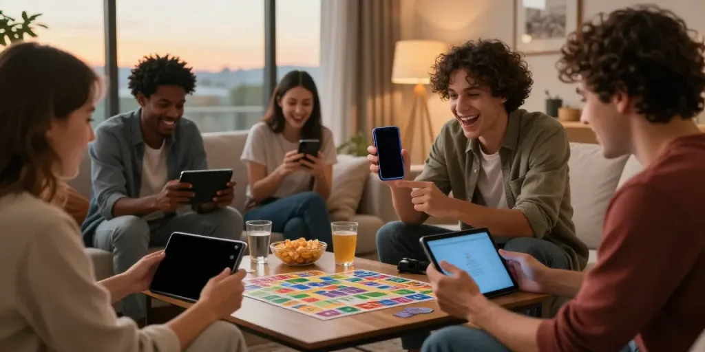Group of friends enjoying rumble rummy in a cozy living room, showcasing excitement and strategy.