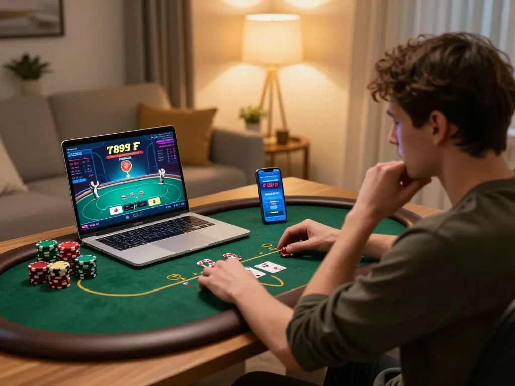 Player enjoying poker gameplay on the 789f gaming app in a cozy home setting