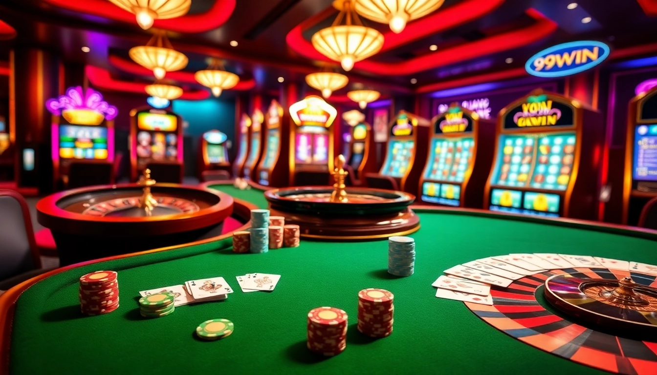 Experience thrilling gameplay at 99WIN with exciting casino tables and poker chips.