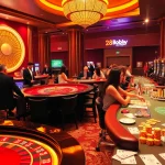 Exciting casino scene featuring players at a roulette wheel, poker tables, and slot machines, representing http://2b8.network/ gambling vibrancy.