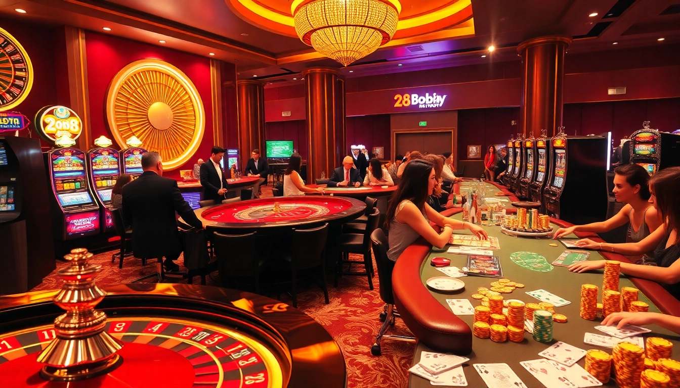 Exciting casino scene featuring players at a roulette wheel, poker tables, and slot machines, representing http://2b8.network/ gambling vibrancy.