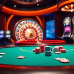 Play your favorite games at http://2haywin.pro/ in this exciting casino scene full of vibrant poker chips and cards.