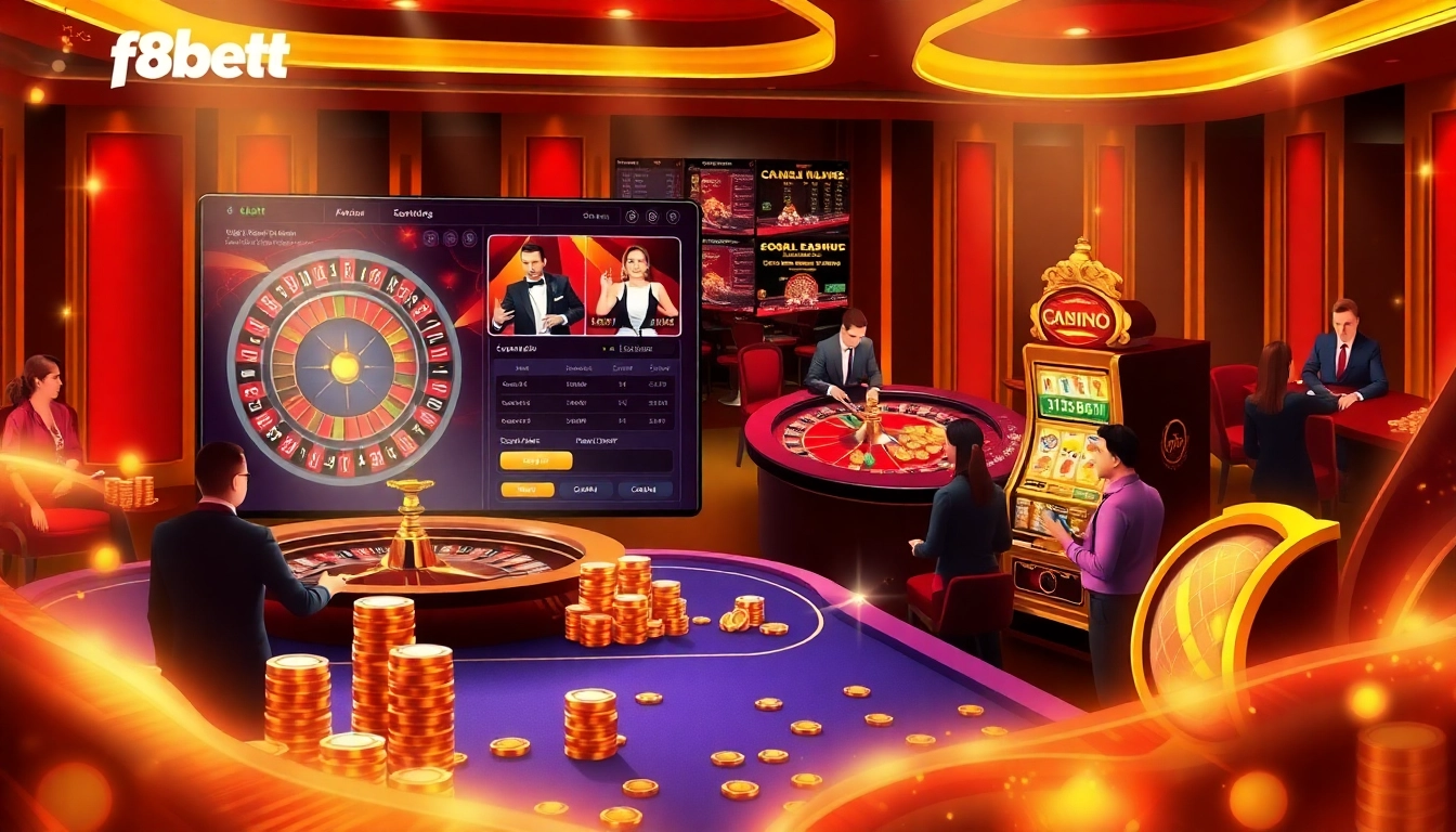Gamblers enjoying online F8bet casino experience with vibrant poker chips and roulette.
