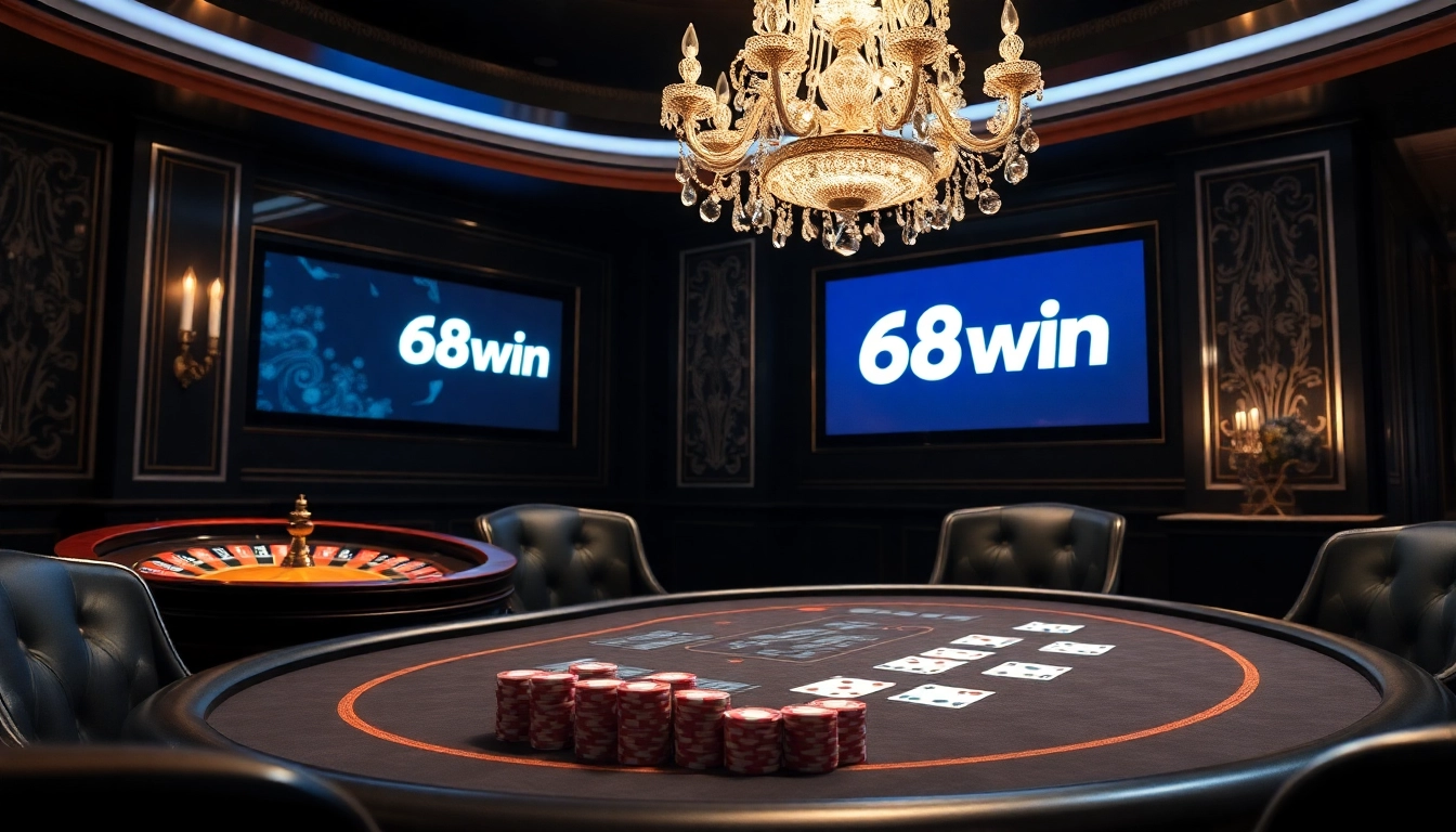 Engaging scene of high-stakes poker at 68win casino showcasing elegant casino elements.