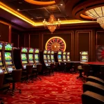 Gamblers enjoying BK8 slot games in a vibrant, luxurious casino atmosphere.