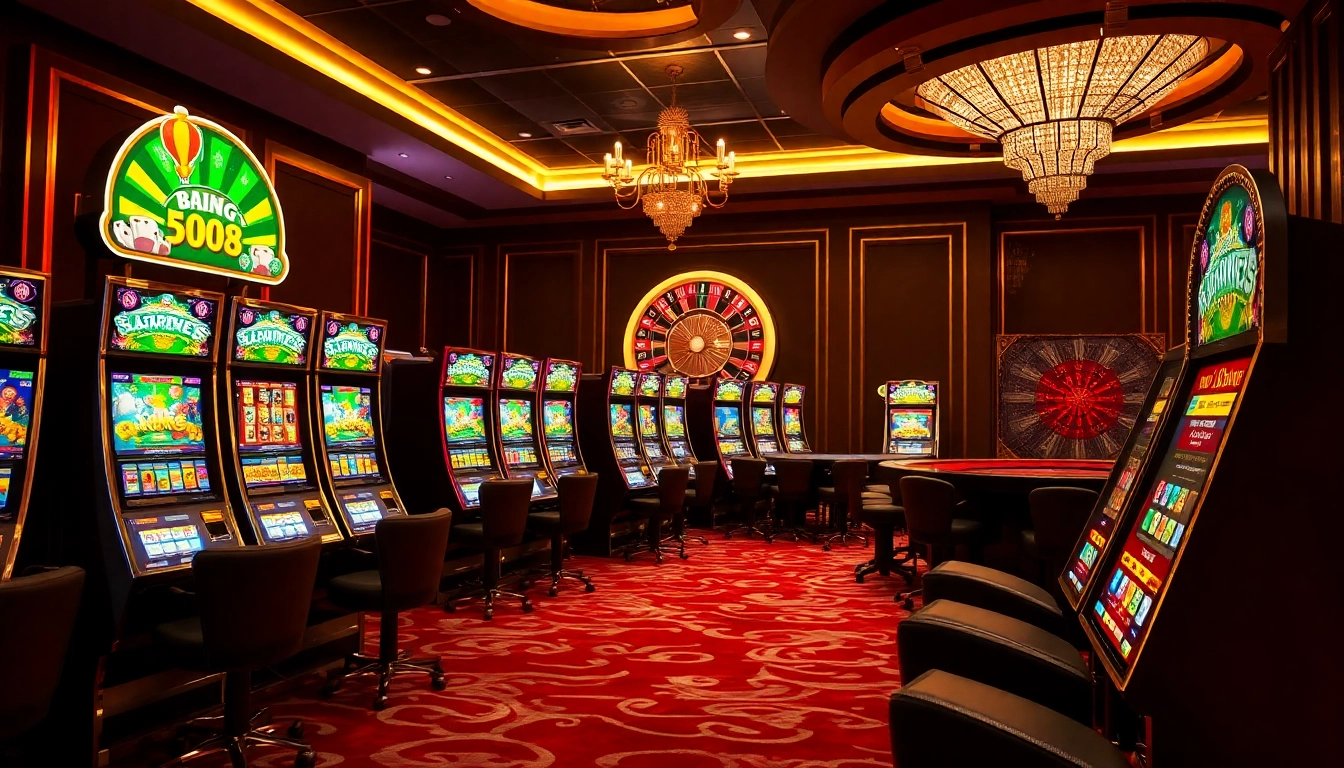 Gamblers enjoying BK8 slot games in a vibrant, luxurious casino atmosphere.