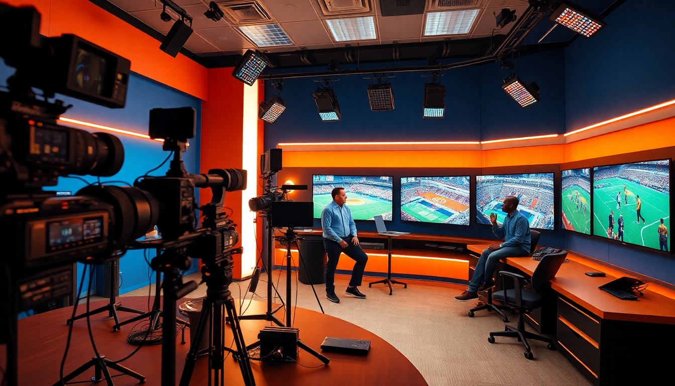 Engaged sports broadcasting analyst in a dynamic studio showcasing Sports Broadcasting technology.