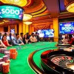 SODO CASINO 66 players engaging joyfully at vibrant casino tables with poker chips and slot machines.