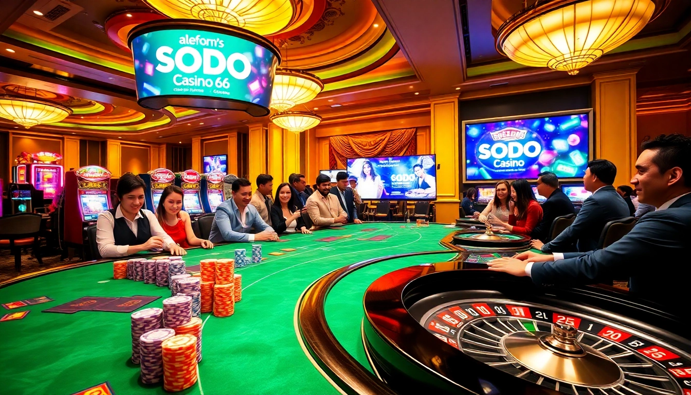 SODO CASINO 66 players engaging joyfully at vibrant casino tables with poker chips and slot machines.