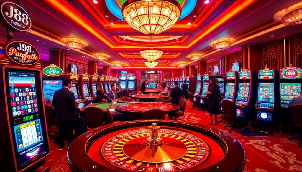 Experience the thrill of j88 with casino tables and vibrant slot machines in action.