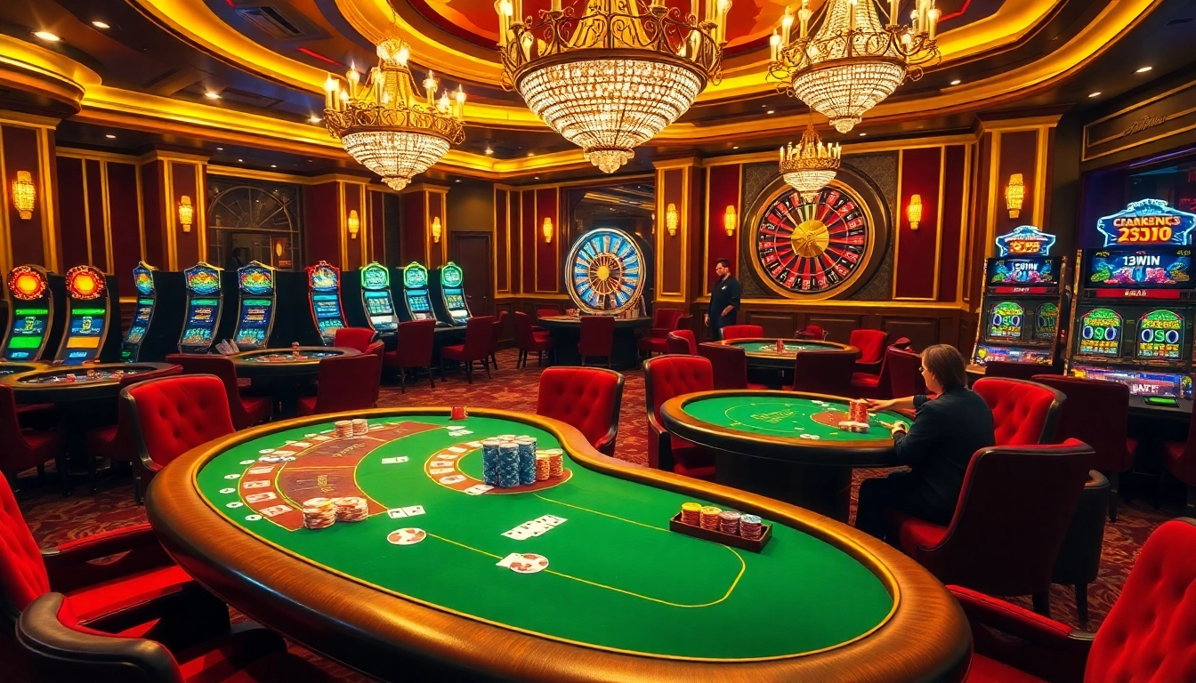 Players enjoying the thrilling games at 13Win's luxurious casino, featuring vibrant tables and high stakes.