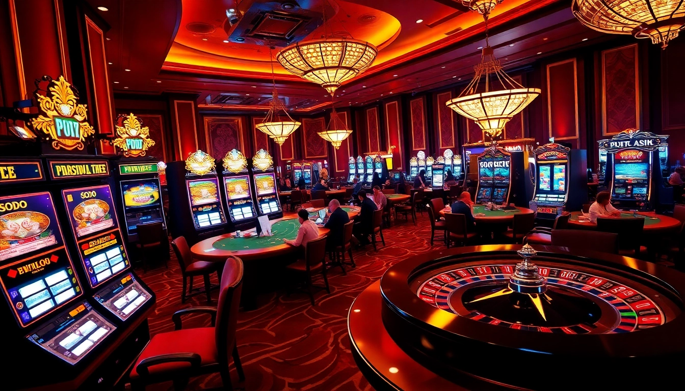 SODO casino scene featuring vibrant gaming tables, roulette wheels, and excited players.