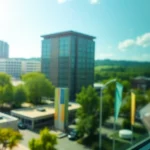 Window tint Chattanooga enhancing a vehicle’s sleek appearance against a bright city backdrop.