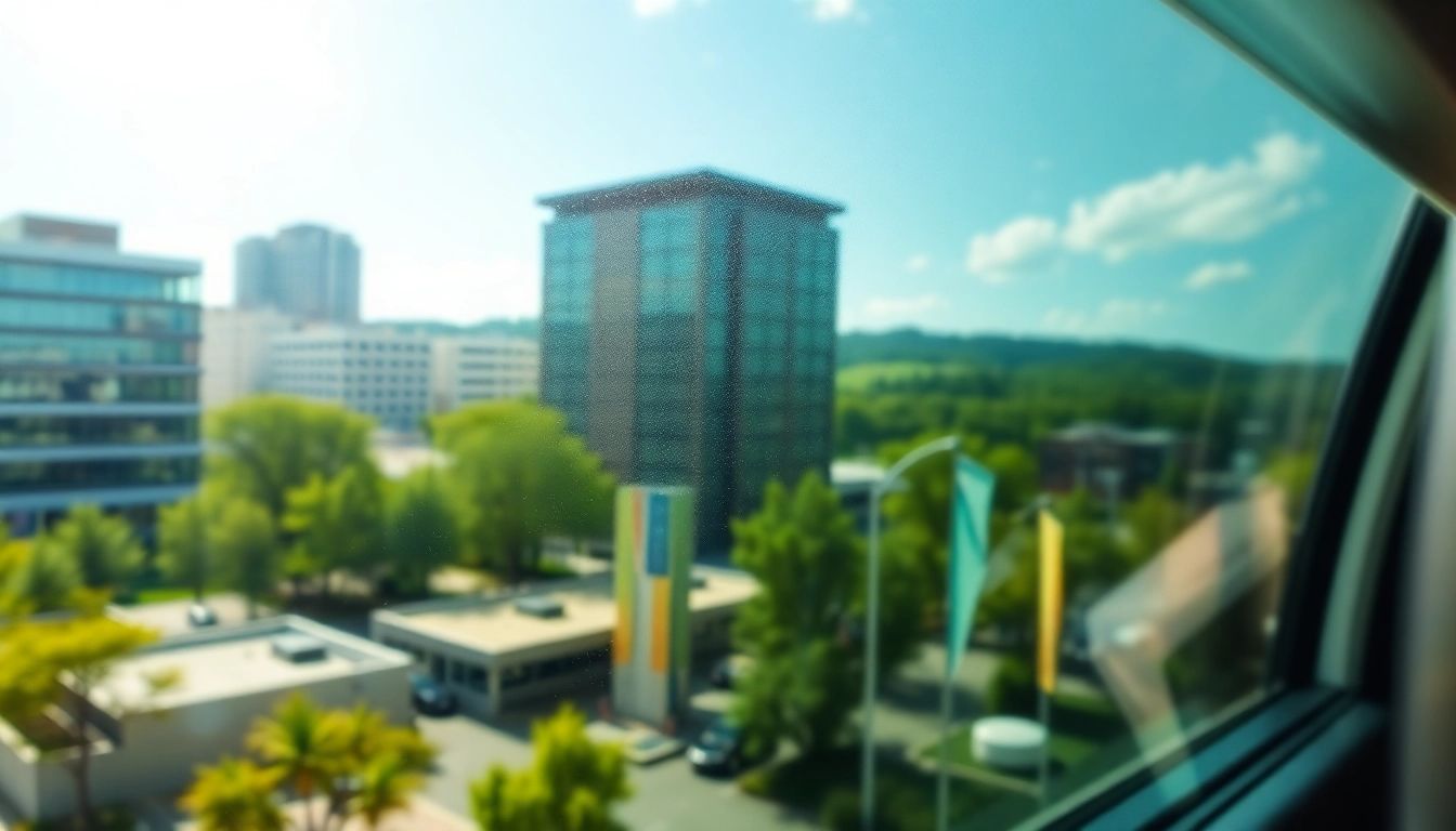 Window tint Chattanooga enhancing a vehicle’s sleek appearance against a bright city backdrop.