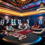 Experience thrilling action at 68win's vibrant casino scene with engaging players and colorful poker chips.