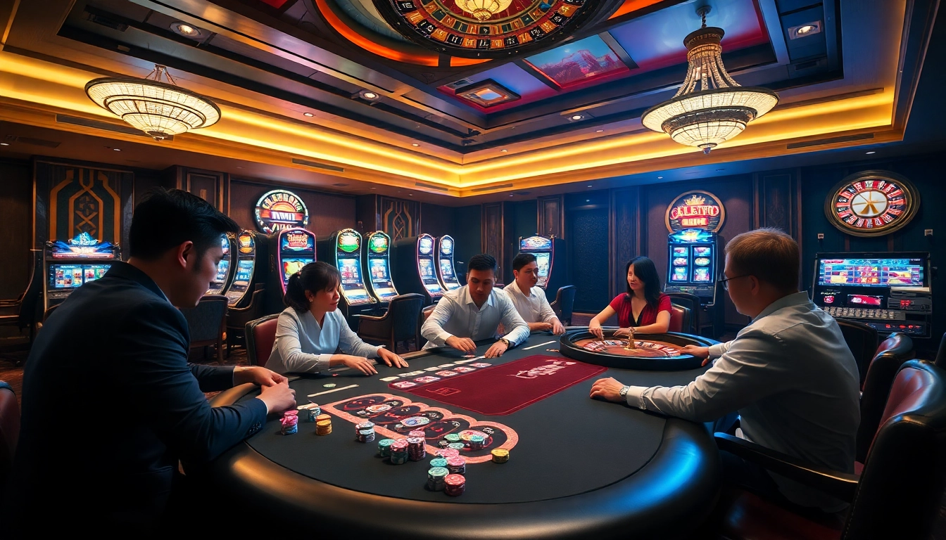 Experience thrilling action at 68win's vibrant casino scene with engaging players and colorful poker chips.