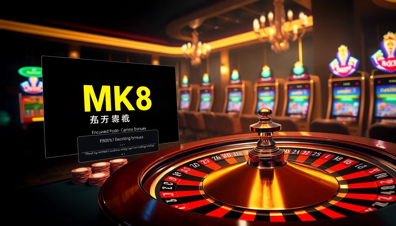 Exciting gambling atmosphere showcasing เครดิตฟรี MK8 on a digital display with a roulette wheel and slot machines.