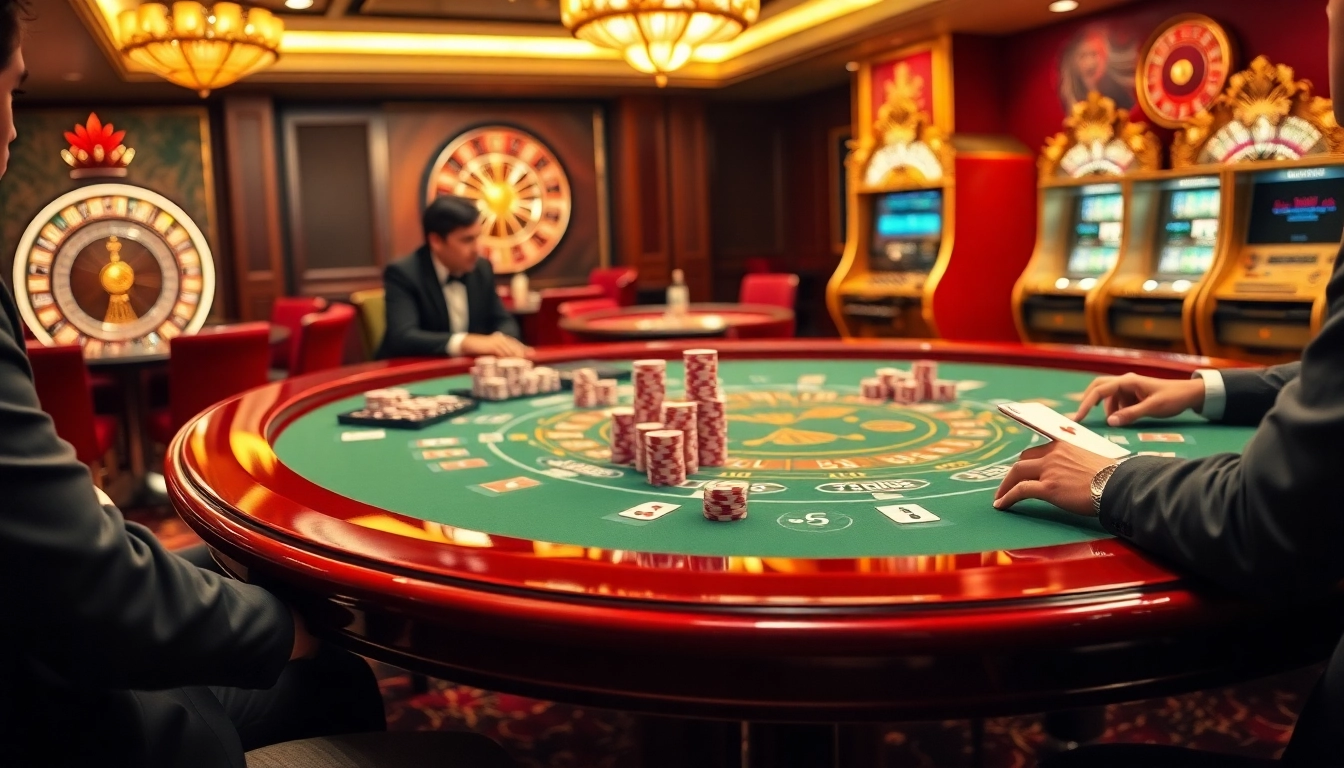 An engaging gambling scene at http://bem88x.com/ with players enjoying blackjack, roulette, and slot machines.