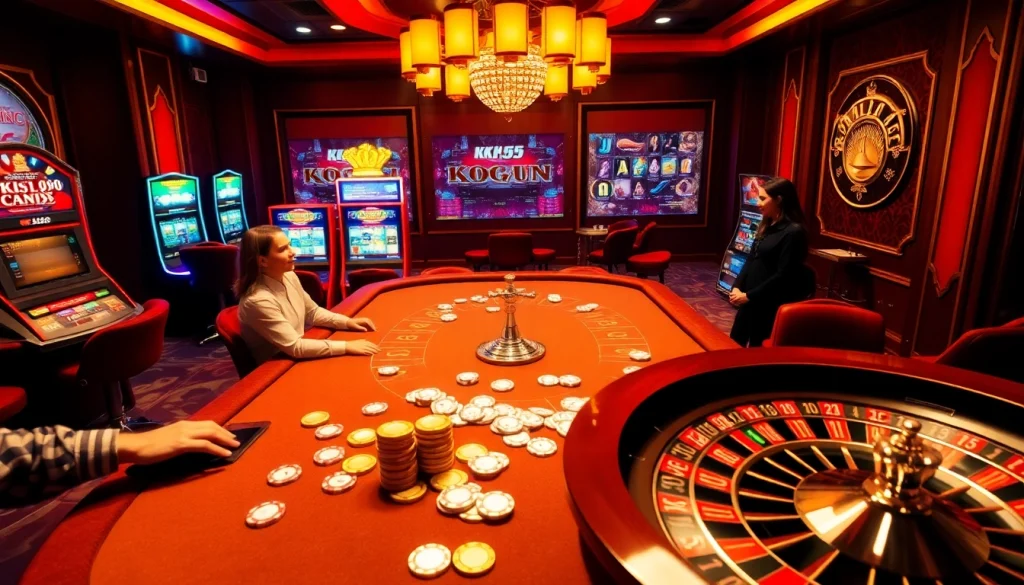 KK55 players enjoying vibrant gaming at a luxurious casino table with poker chips and cards.