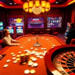 KK55 players enjoying vibrant gaming at a luxurious casino table with poker chips and cards.