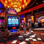Engage with the vibrant excitement of slot777 login on a luxurious casino floor filled with slot machines and gaming tables.