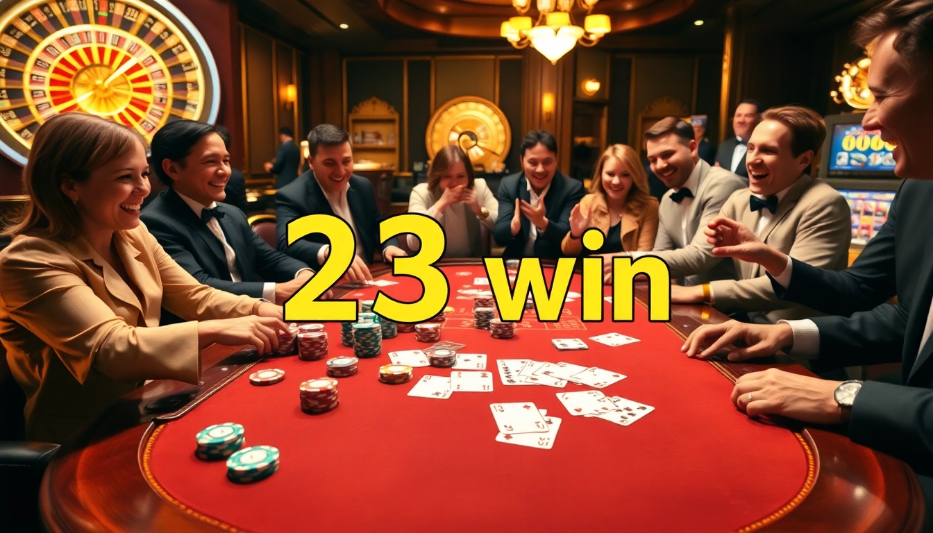 Players celebrating their 23 win at a luxurious poker table with vibrant chips and exciting ambiance.