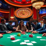 Players engaging in poker at a vibrant table with colorful chips capturing the thrill of 79king0.