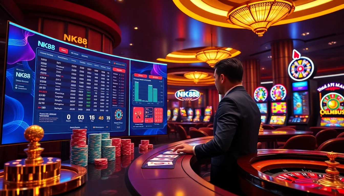 NK88 Trang chủ displaying live betting odds and dynamic casino gameplay with vibrant poker chips and roulette wheel highlights.
