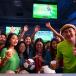 Engaging football fans celebrating live matches on LuongSonTV with digital screens and mobile devices.