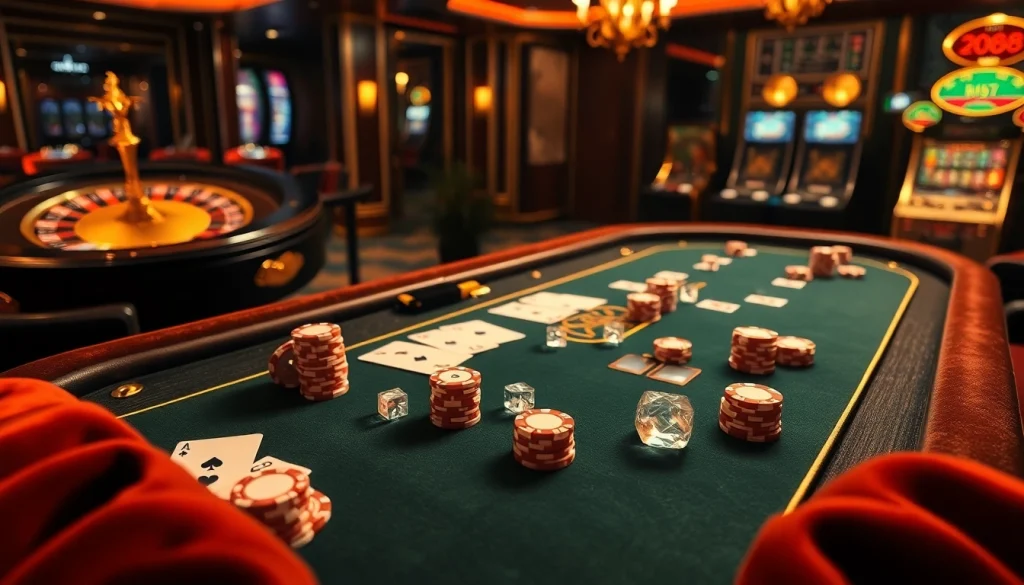 Experience the thrill of pg88 at a luxurious casino poker table filled with vibrant chips and cards.