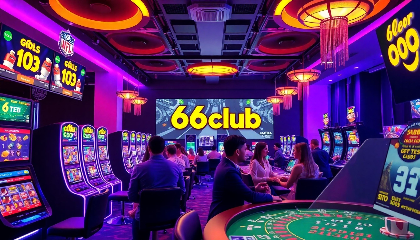 Vibrant digital casino scene showcasing 66club's gaming options with players and dealers.